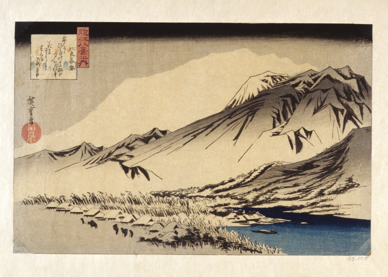 Lingering Snow On Mount Hira (impressão em bloco de madeira a cores) de Ando or Utagawa Hiroshige