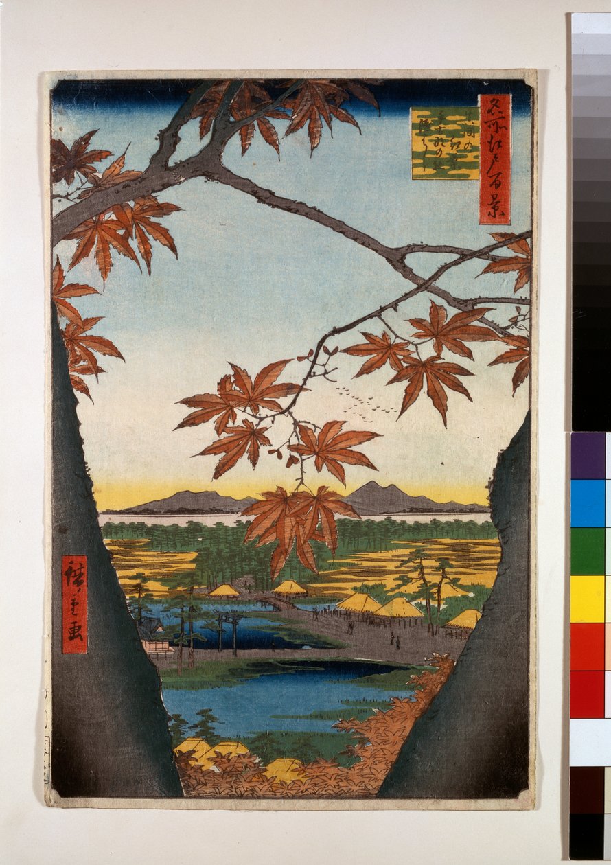Árvores de bordo em Mama, Santuário de Tekona e Ponte Ligada de Ando or Utagawa Hiroshige