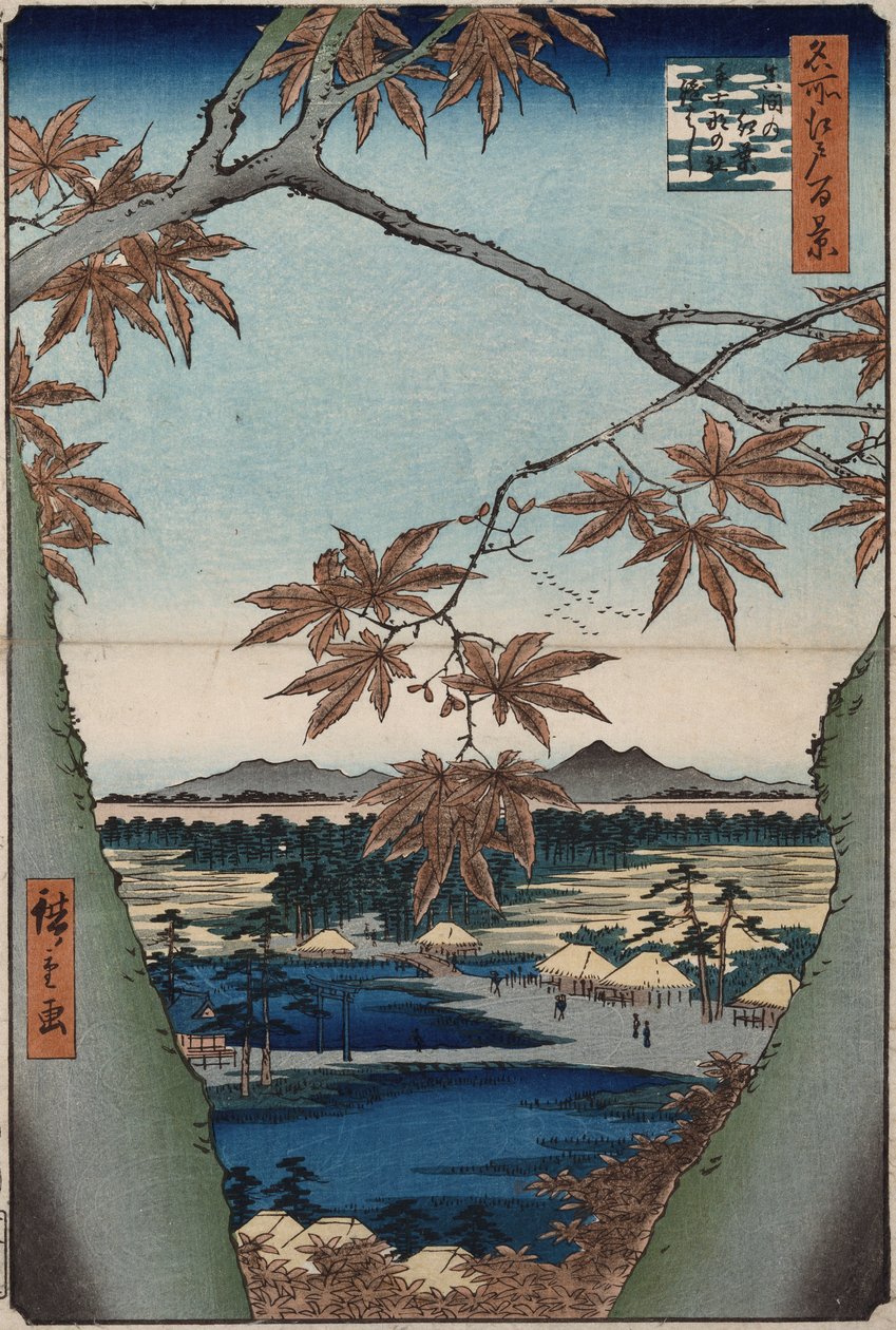 Folhas de bordo e o santuário de Tekona e a ponte em Mama, da série "Cem vistas de lugares famosos em Edo" de Ando or Utagawa Hiroshige