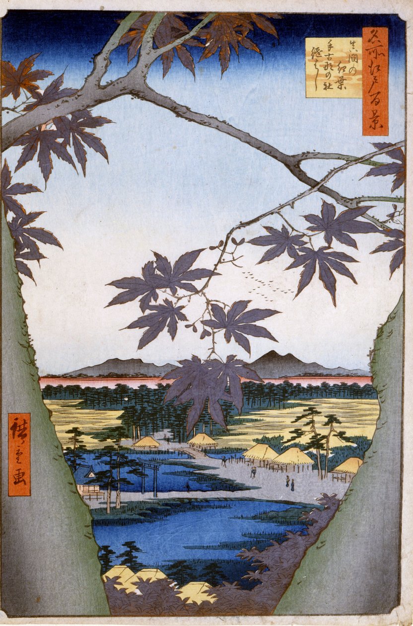 Maples para Mamãe com Templo Tekona e Ponte Tsugi. 1857. Impressões de Katswshika (Utagawa) Hiroshige (1797-1858). de Ando or Utagawa Hiroshige