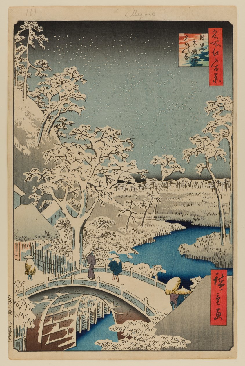 Ponte do Tambor de Meguro e Colina do Pôr-do-Sol de Ando or Utagawa Hiroshige