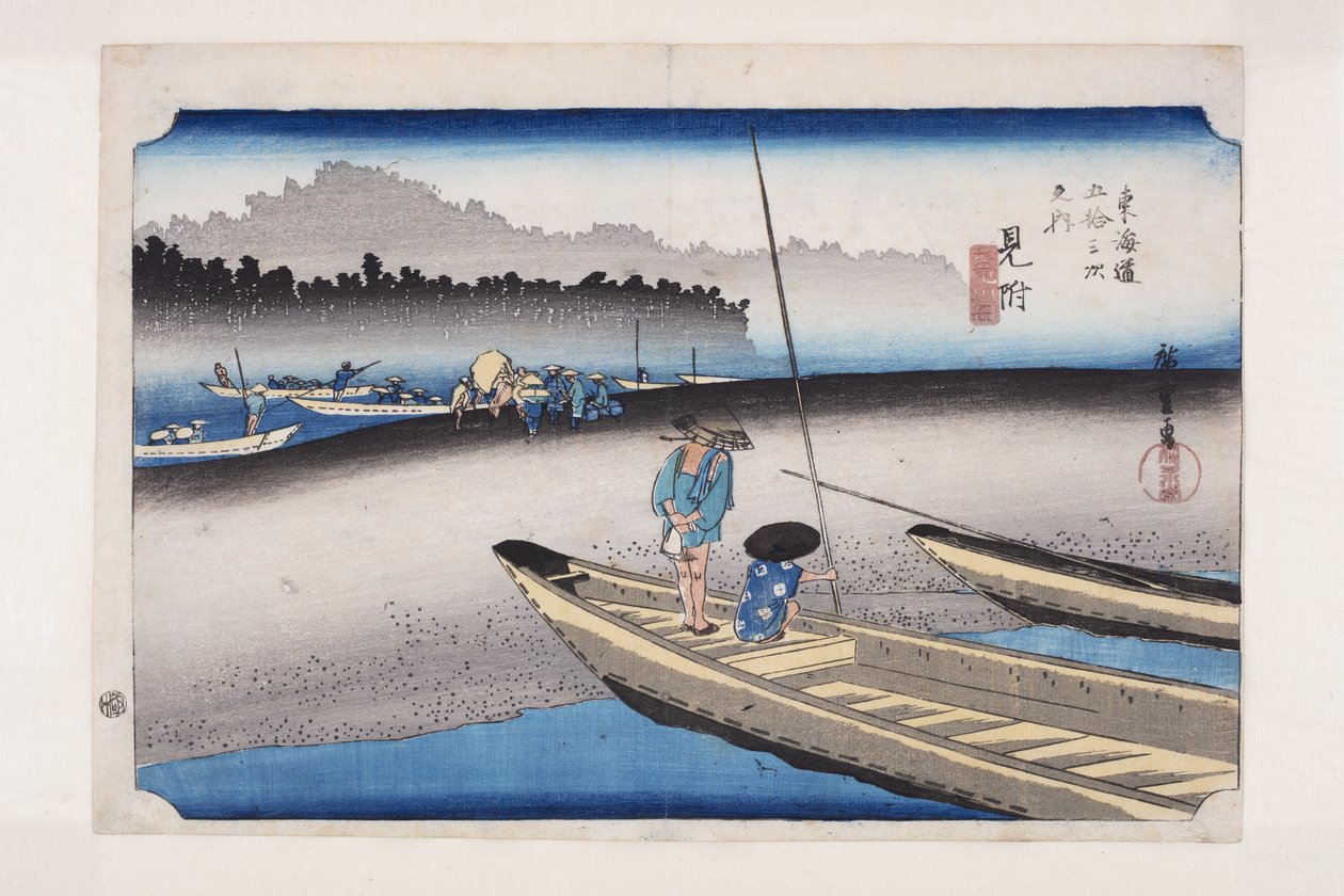 Mitsuke: Tenry? River View (Mitsuke, Tenry?gawa zu) (impressão em bloco de madeira colorida) de Ando or Utagawa Hiroshige
