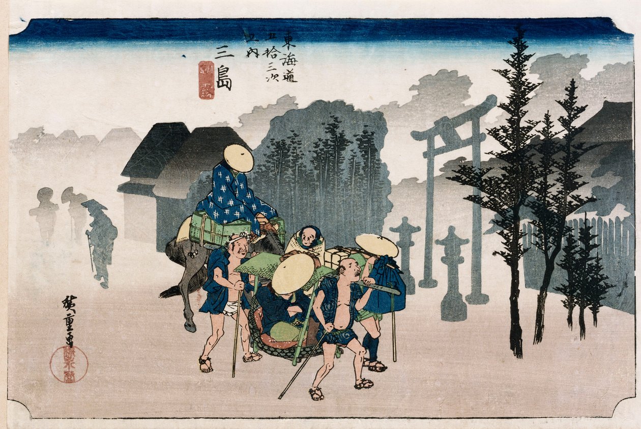 Névoa da manhã em Mishima ", da série" As cinquenta e três estações do Tokaido ", c.1834 de Ando or Utagawa Hiroshige