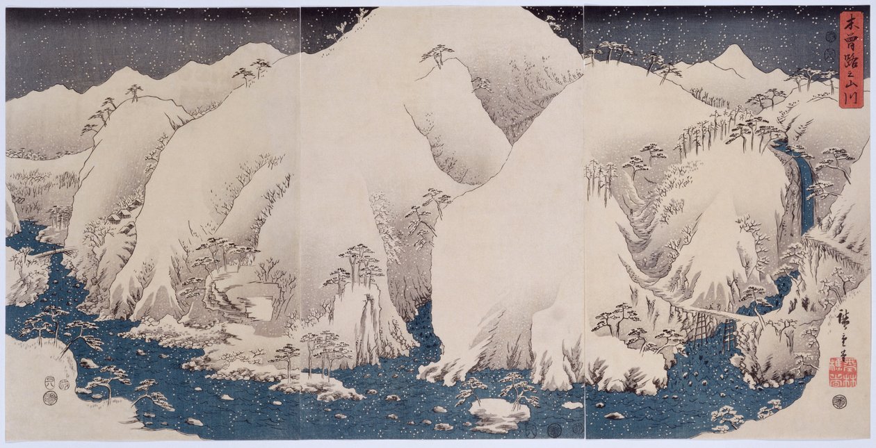 "Montanhas e rios de Kiso", 1857 de Ando or Utagawa Hiroshige