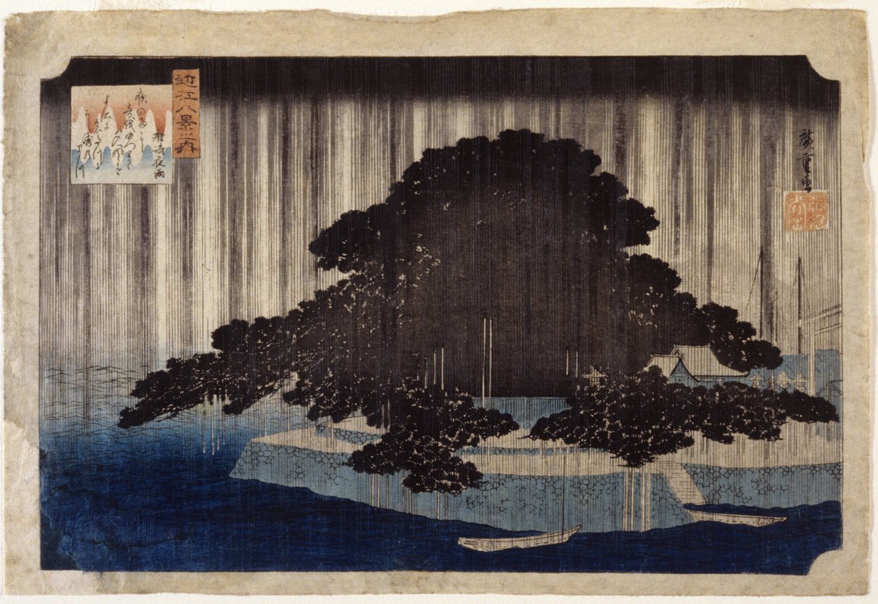 Chuva nocturna em Karasaki (impressão em bloco de madeira a cores) de Ando or Utagawa Hiroshige