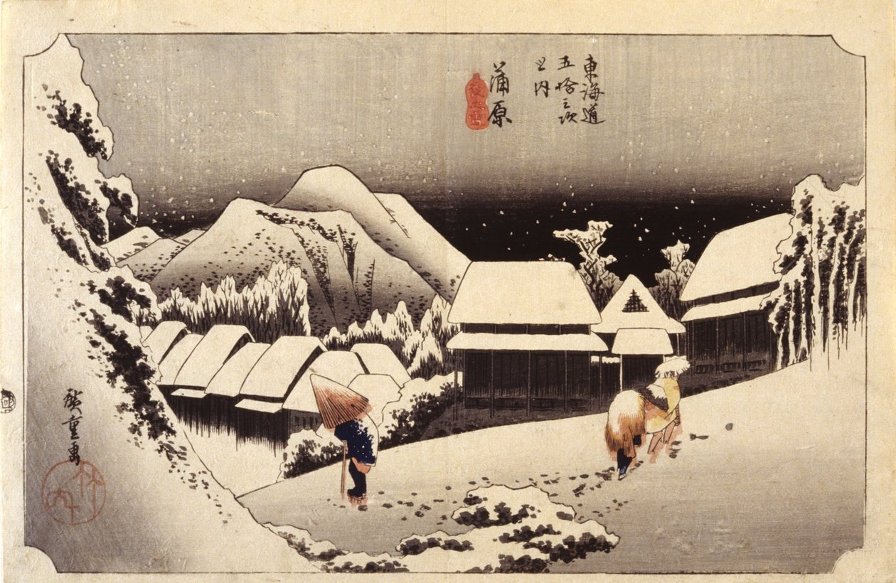 Neve nocturna em Kanbara, #16 (xilogravura a cores) de Ando or Utagawa Hiroshige