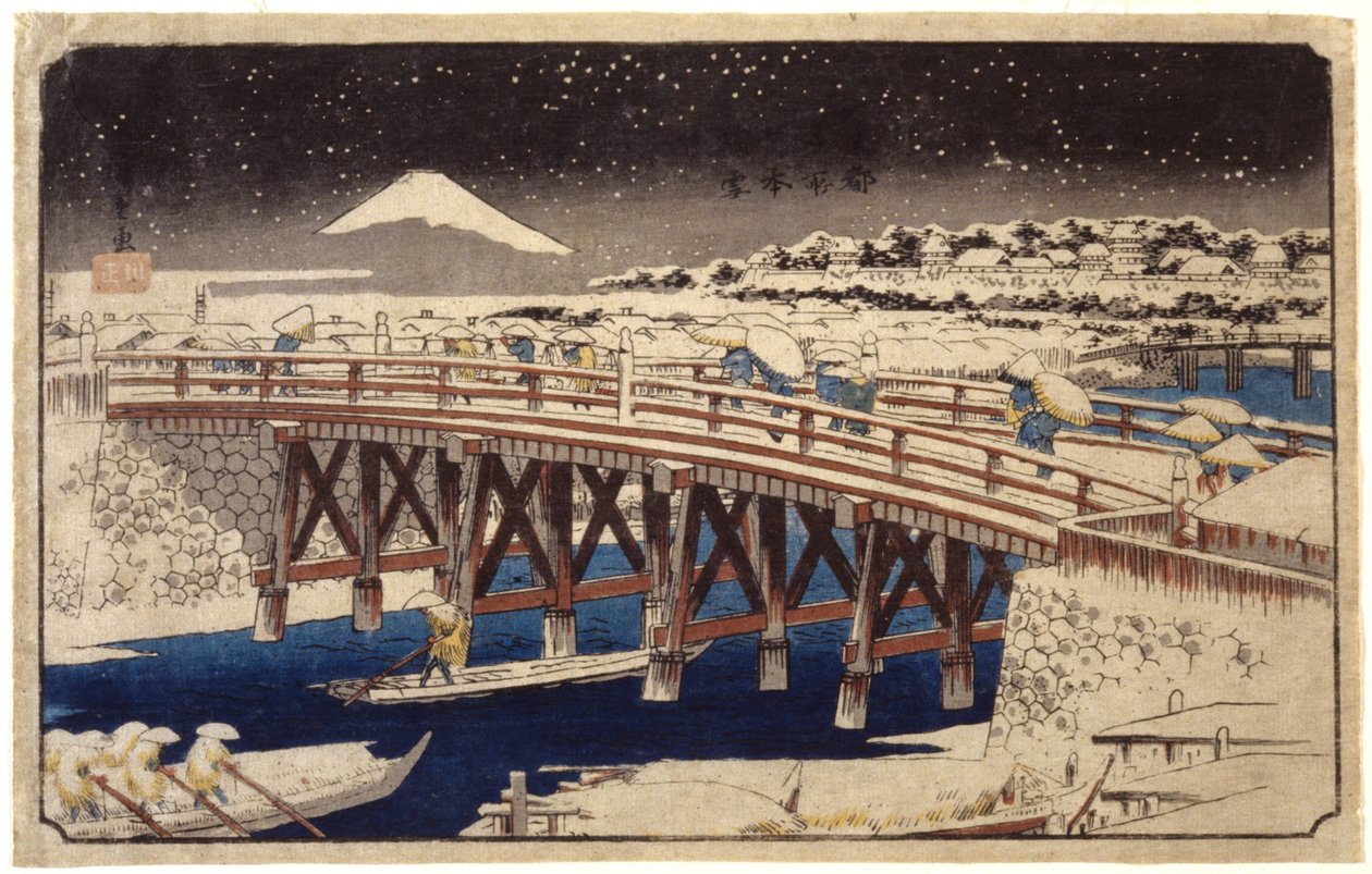 Nihonbashi In The Snow (impressão em bloco de madeira a cores) de Ando or Utagawa Hiroshige