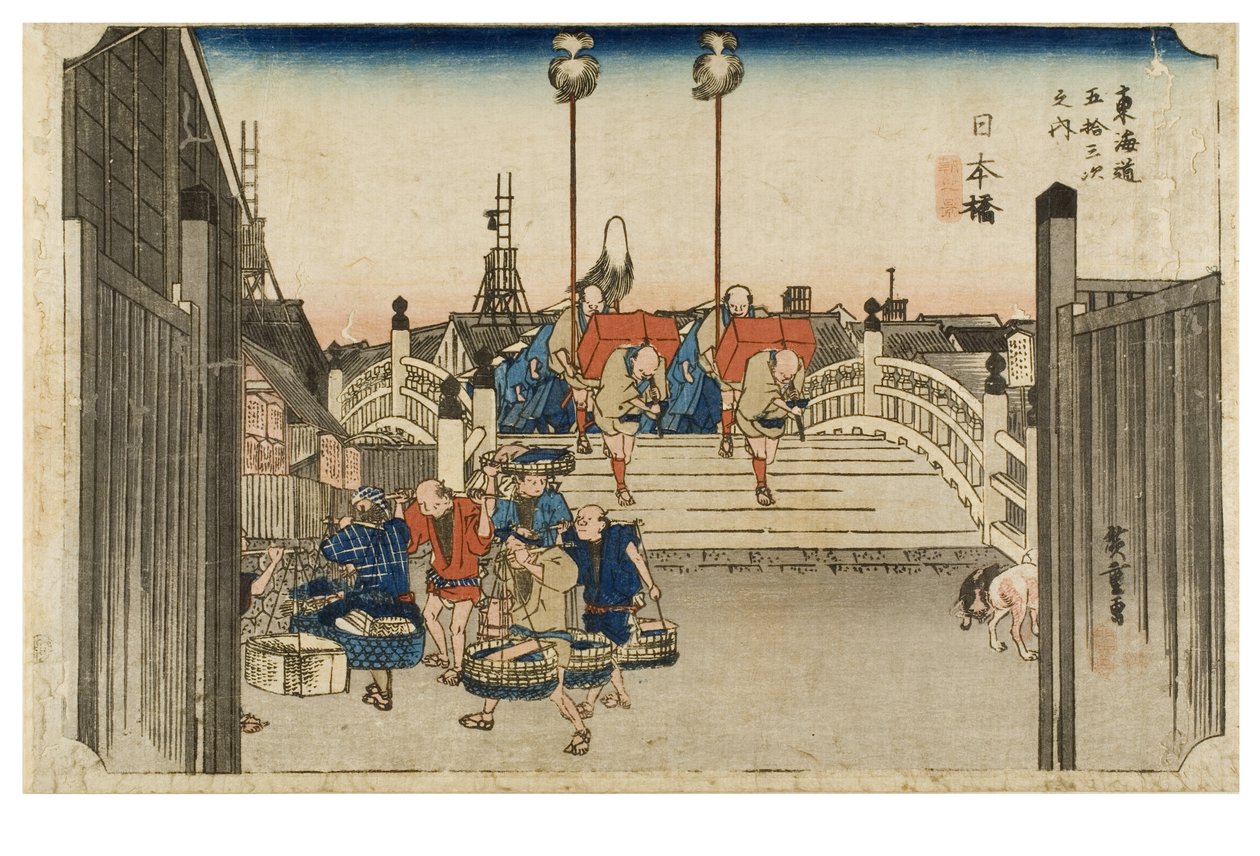 Nihonbashi: Morning View da série The Fifty-three Stations of the Tokaido, c.1831-1834 (xilogravura sobre papel) de Ando or Utagawa Hiroshige