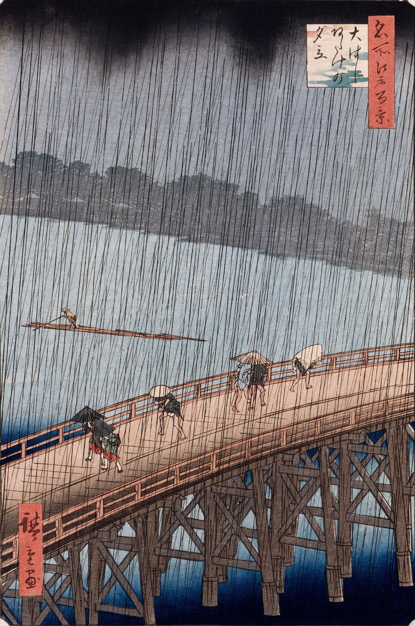 Ohashi, chuveiro repentino em Atake, da série "Cem vistas de lugares famosos em Edo" de Ando or Utagawa Hiroshige