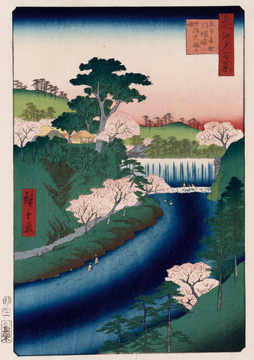 Barragem do rio Otonashi, Oji, popularmente chamada de Great Waterfall ", da série" Cem vistas de lugares famosos em Edo " de Ando or Utagawa Hiroshige