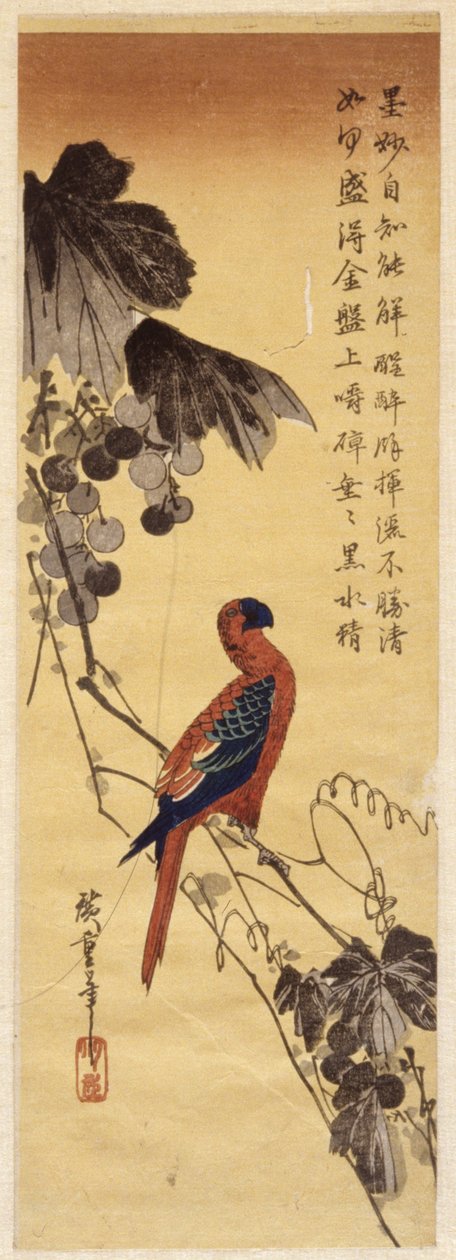 Papagaio e videiras (impressão em bloco de madeira a cores) de Ando or Utagawa Hiroshige