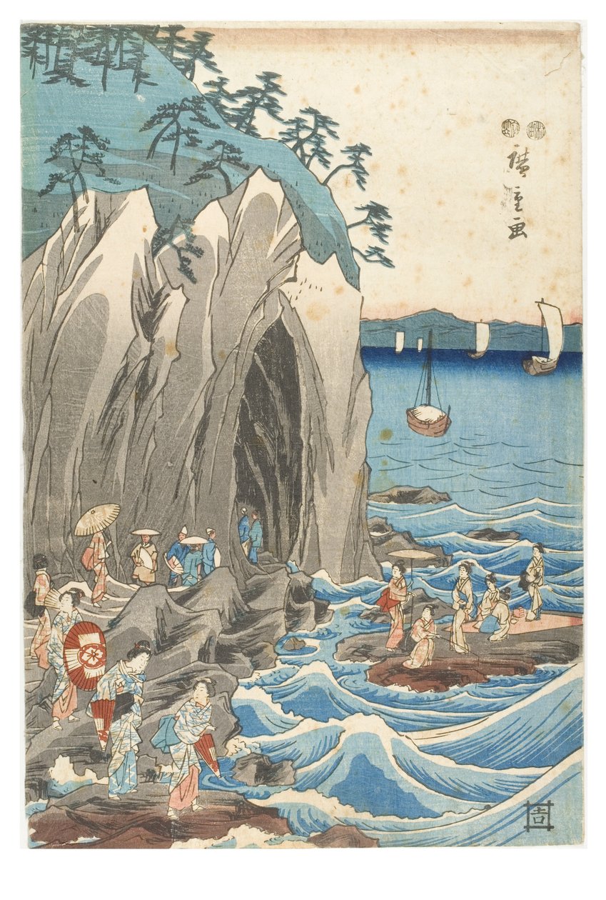 Peregrinação à exposição da estátua de Benzaiten no santuário principal de Iwaya em Enoshima na província de Sagami, c.1847-1852 (xilogravura sobre papel) de Ando or Utagawa Hiroshige