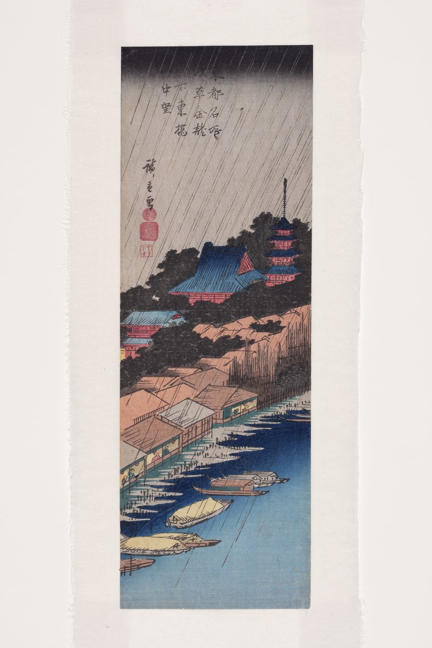 Chuva na Ponte Azuma abaixo do Templo Kinry?zan em Asakusa (Asakusa Kinry?zan shita Azuma-bashi uch? b?) (impressão em bloco de madeira colorida) de Ando or Utagawa Hiroshige
