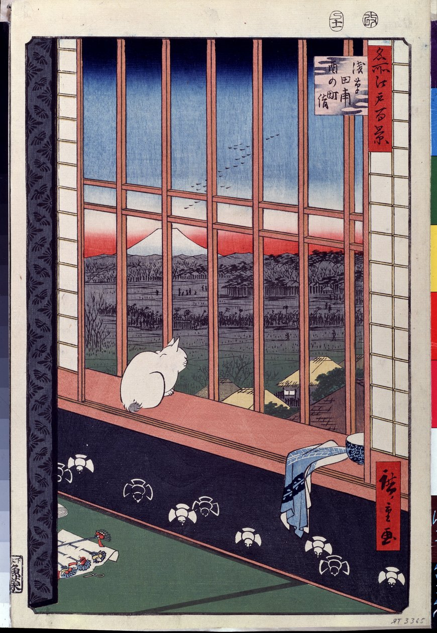 Série ""As cem vistas famosas de Edo"": ""Os campos de arroz de Asakusa durante o festival do galo, um gato sentado no peitoril da janela"" (Um gato sentado no assento da janela) Gravura de Utagawa Hiroshige (1797-1858) ) Museu Pushkin Moscou do século XIX de Ando or Utagawa Hiroshige