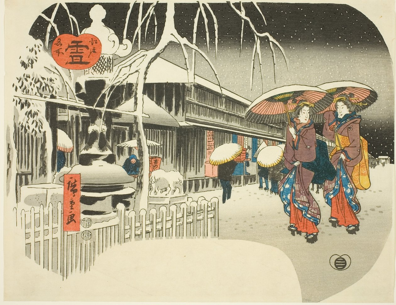Snow (Yuki), da série "Lugares Famosos de Edo, c.1849-52 (impressão em bloco de madeira a cores; uchiwa-e) de Ando or Utagawa Hiroshige