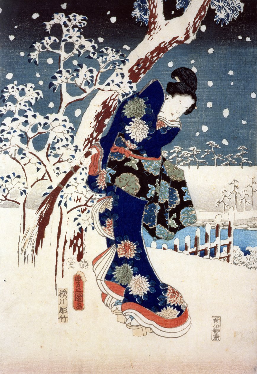 Cena de neve no jardim de um Daimio, parte do Triptych (serigrafia) de Ando or Utagawa Hiroshige