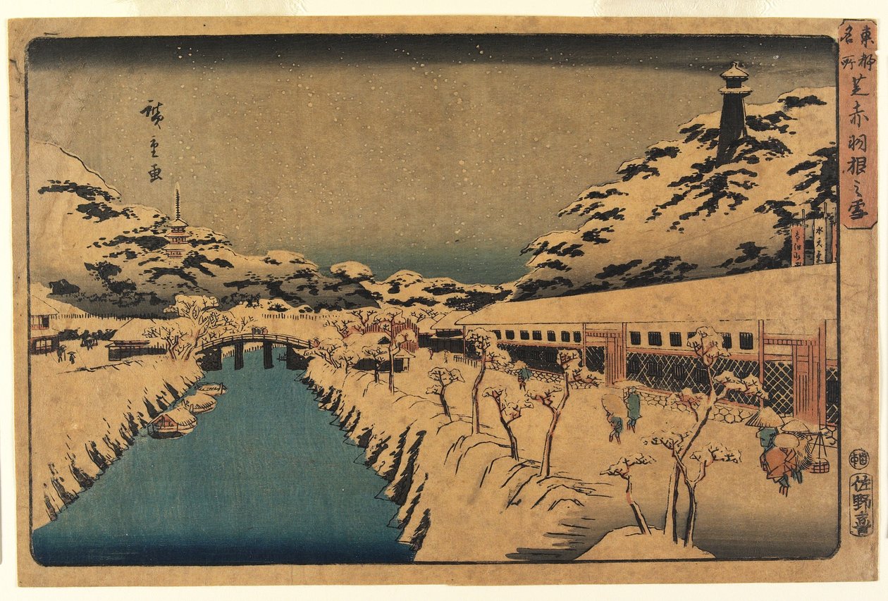 Neve na ponte Akabane em Shiba, 1844-45 de Ando or Utagawa Hiroshige
