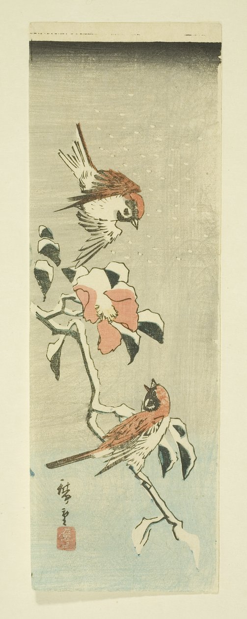Pardais e Camélia em Snow (impressão em bloco de madeira a cores) de Ando or Utagawa Hiroshige