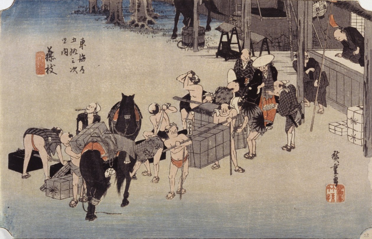 Estação 23, Fujieda (impressão em bloco de madeira a cores) de Ando or Utagawa Hiroshige
