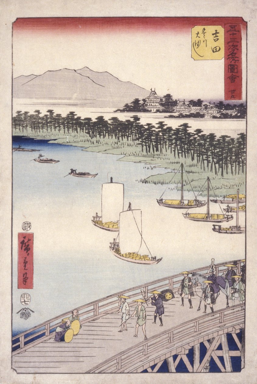 Estação 35, Yoshida; Kyoka Tokaido Series (impressão em bloco de madeira a cores) de Ando or Utagawa Hiroshige