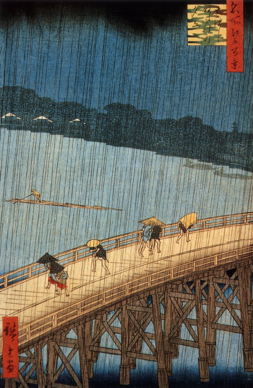 Chuva repentina (yudashi) na ponte Ohashi, Japão, gravura de Ando Hiroshige de Ando or Utagawa Hiroshige