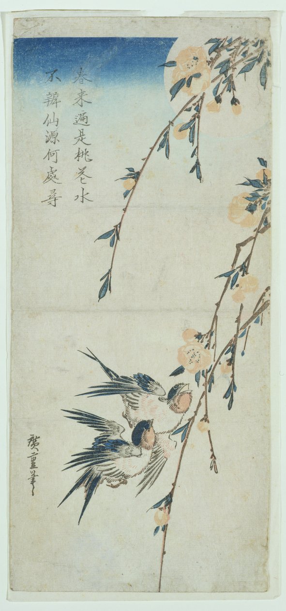 Andorinhas e Flor de Pêssego ao Luar (estampa de bloco de madeira) de Ando or Utagawa Hiroshige