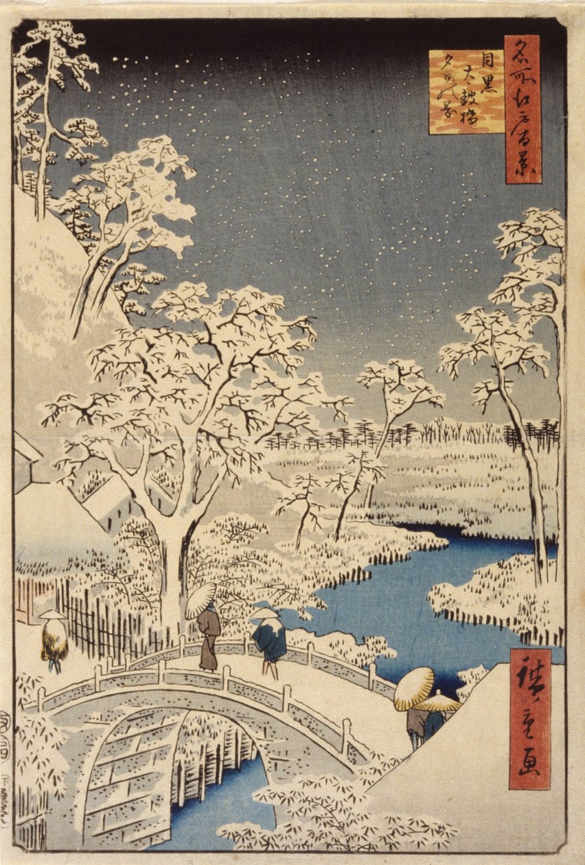 Ponte de Taiko e Monte Sunset em Meguro (impressão a cores em bloco de madeira) de Ando or Utagawa Hiroshige