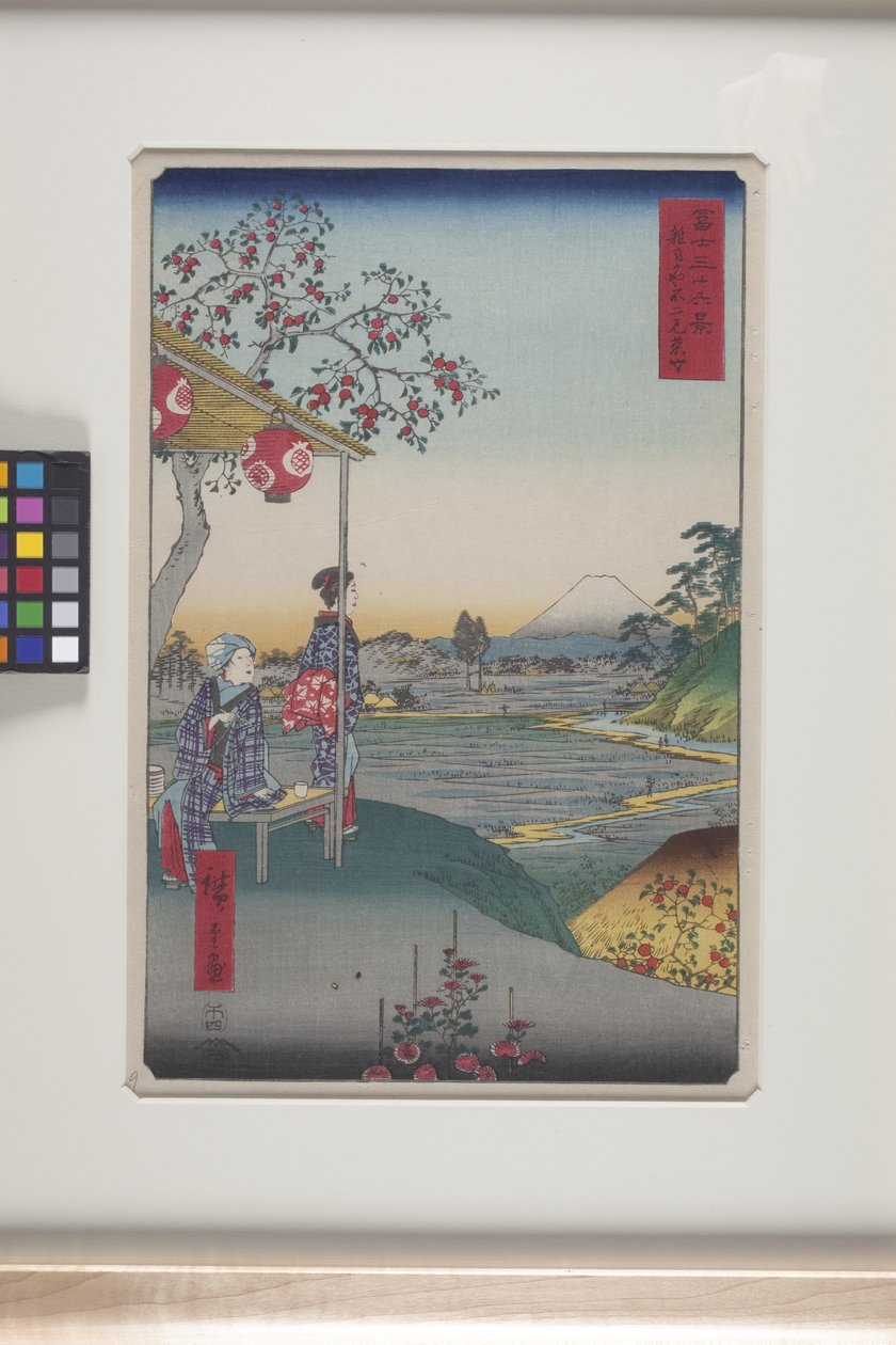 Teahouse With View Of Mt. Fuji In Z?shigaya (Z?shigaya Fujimi Chaya) (impressão em bloco de madeira a cores) de Ando or Utagawa Hiroshige