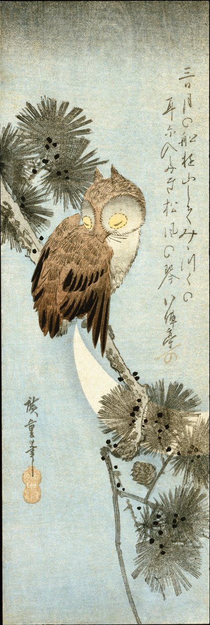 A lua crescente e coruja empoleirada em galhos de pinheiro de Ando or Utagawa Hiroshige