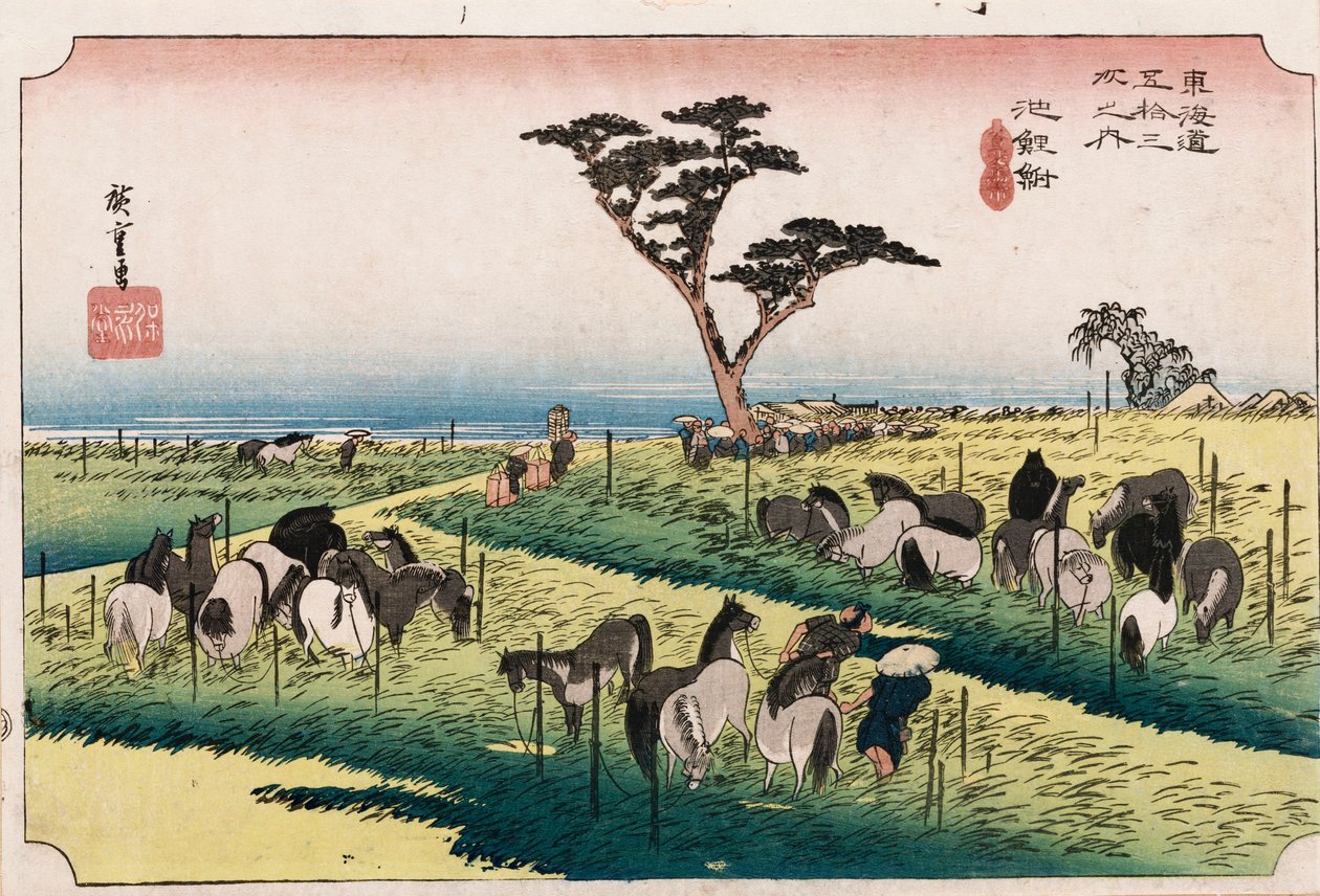 O mercado de cavalos no quarto mês em Chiryu ", da série" As cinquenta e três estações do Tokaido ", c.1834 de Ando or Utagawa Hiroshige