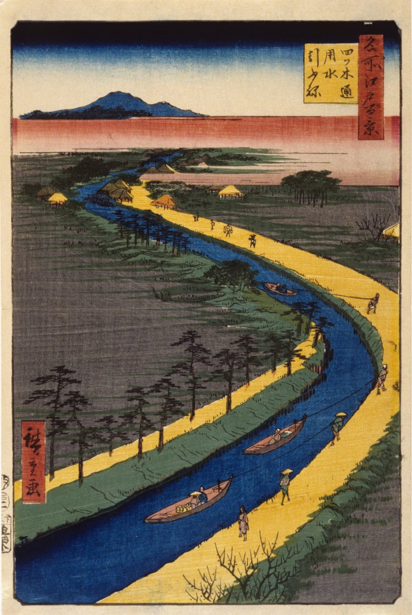 Rebocadores no Canal Yotsugid?ri (impressão a cores em bloco de madeira) de Ando or Utagawa Hiroshige