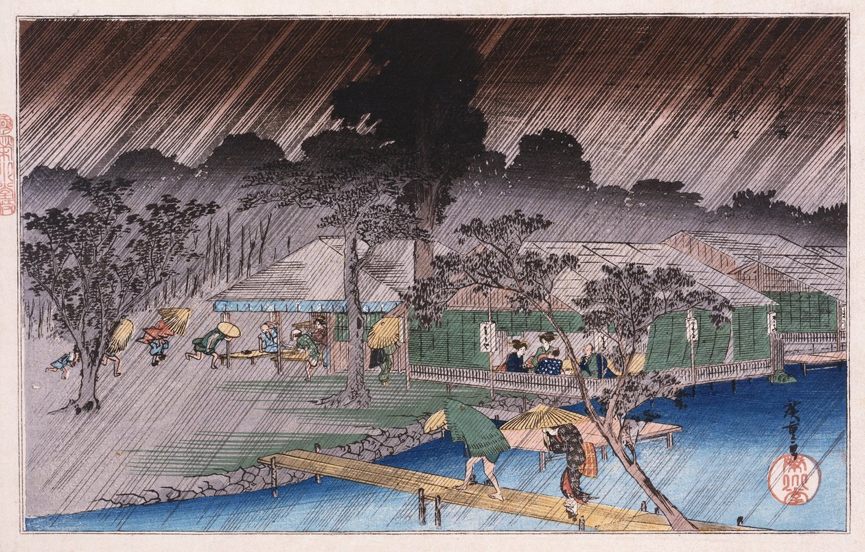 Chuveiro crepuscular no banco Tadasu ", da série" Lugares famosos de Kyoto "Ando Hiroshige de Ando or Utagawa Hiroshige
