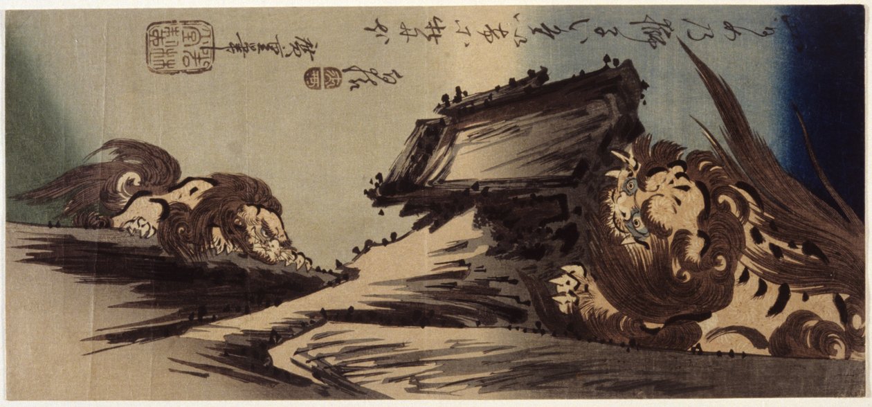 Dois Leões numa Falésia (impressão a cores em bloco de madeira) de Ando or Utagawa Hiroshige