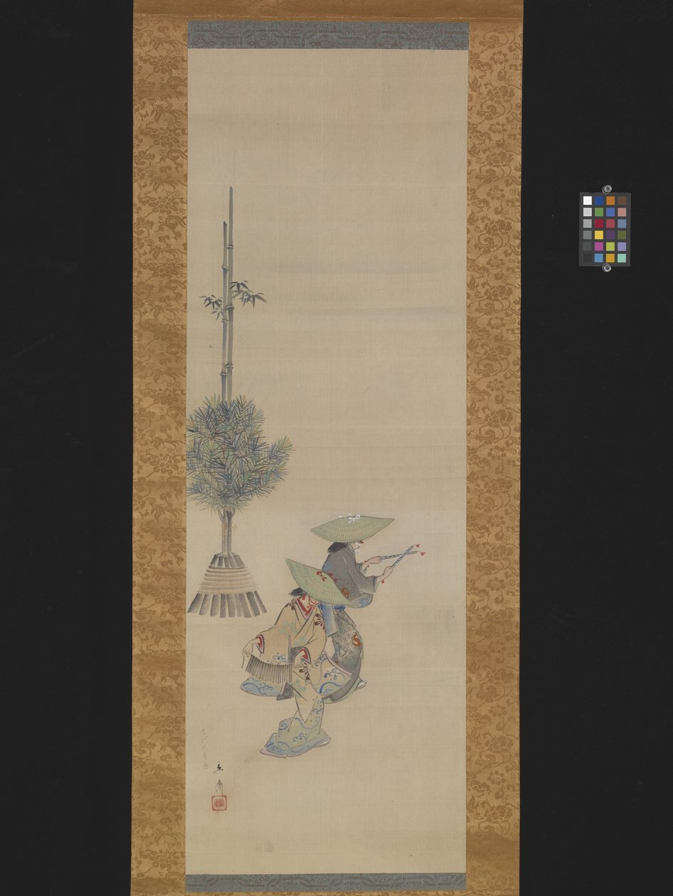 Duas mulheres com chapéus a dançar (tinta e cor sobre seda) de Ando or Utagawa Hiroshige