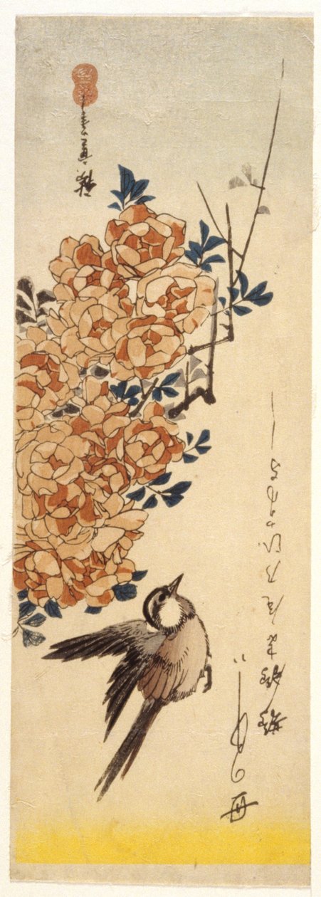 Wagtail And Roses (impressão em bloco de madeira a cores) de Ando or Utagawa Hiroshige