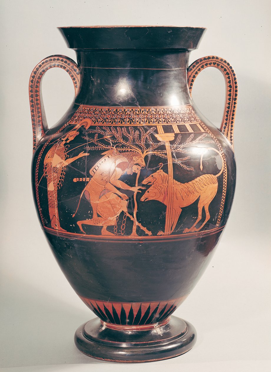 Ânfora de barriga de figura vermelha ática representando Herakles capturando Kerberus, grego, de Atenas, século 6 aC (cerâmica) de Andokides Painter