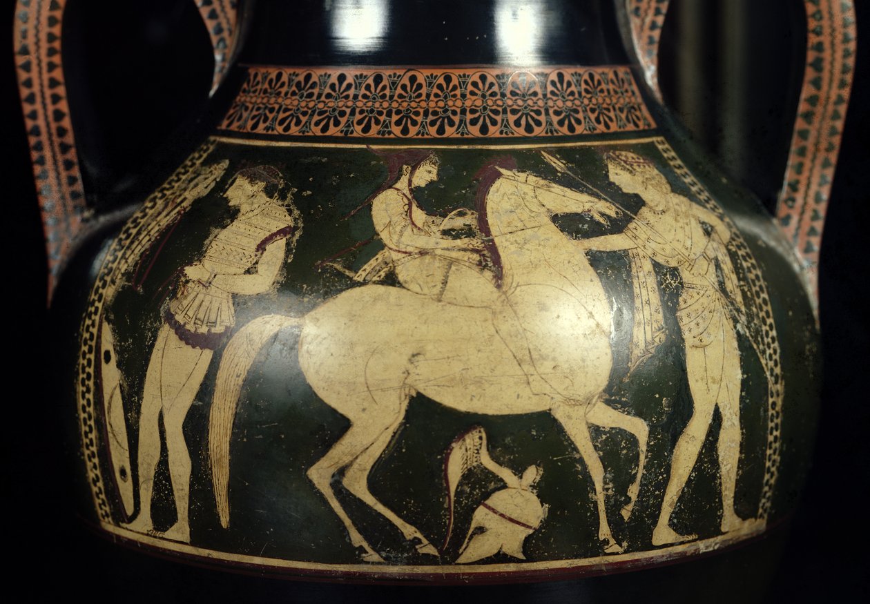 Ânfora de figuras brancas do sótão representando amazonas se preparando para a batalha, c.525-520 aC (cerâmica) (detalhe) de Andokides Painter