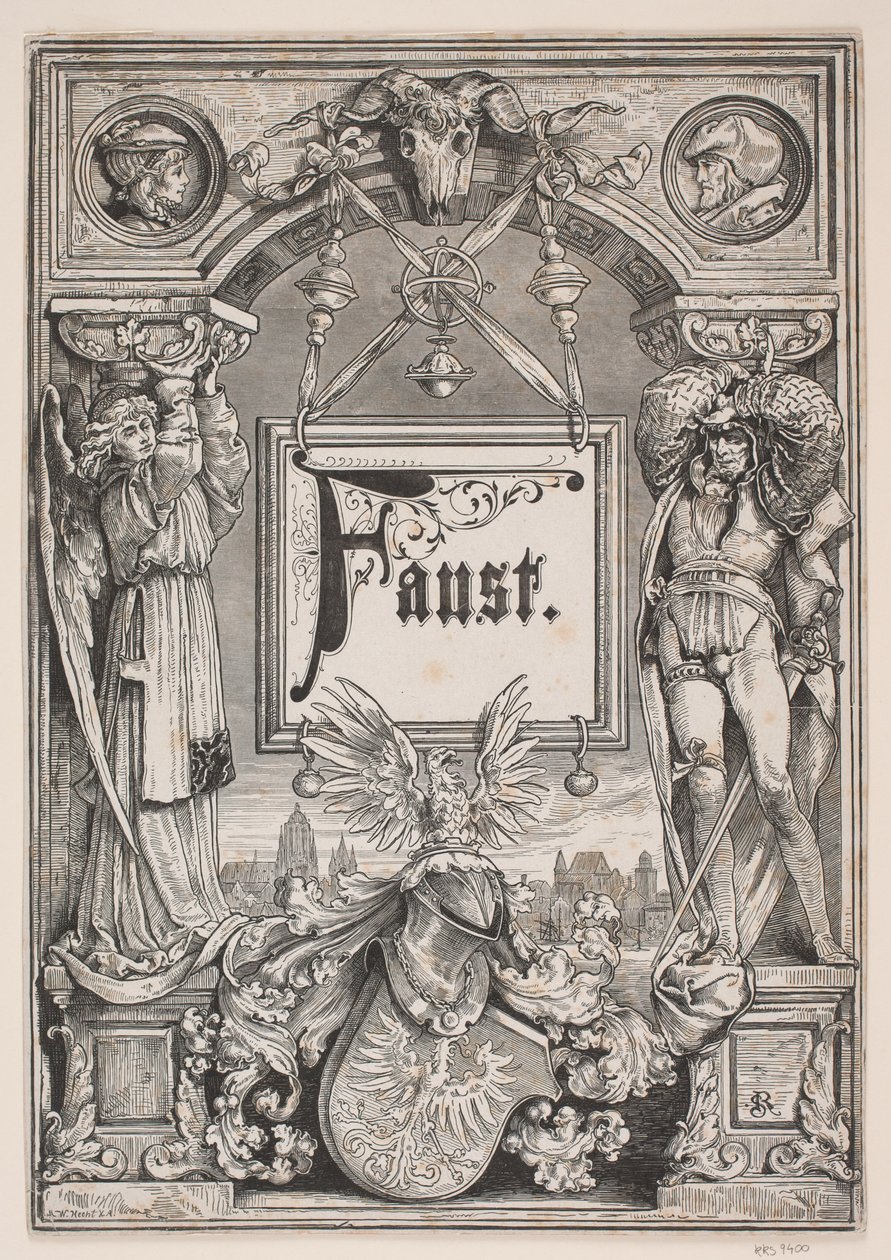 Página de rosto e vinheta para uma edição de "Faust", Munique 1884 de André Bork