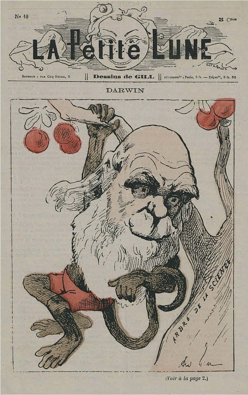Darwin como macaco em La Petite Lune de Andre Gill