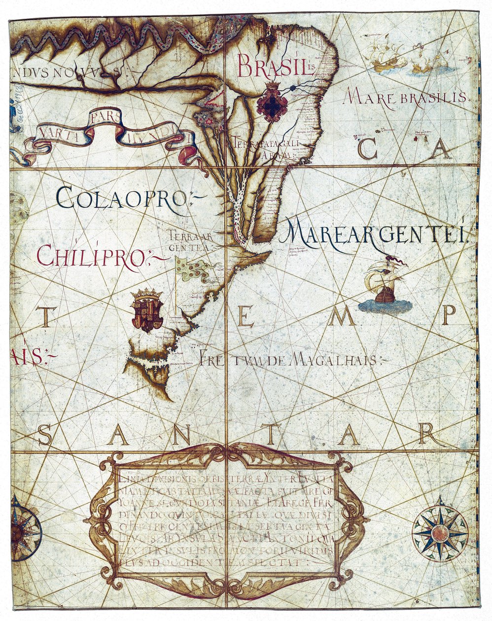 Mapa da América do Sul, em Universa ac Navigabilis Totius Terrarum Orbis Descriptio 1559 (manuscrito a cores) de André Homem