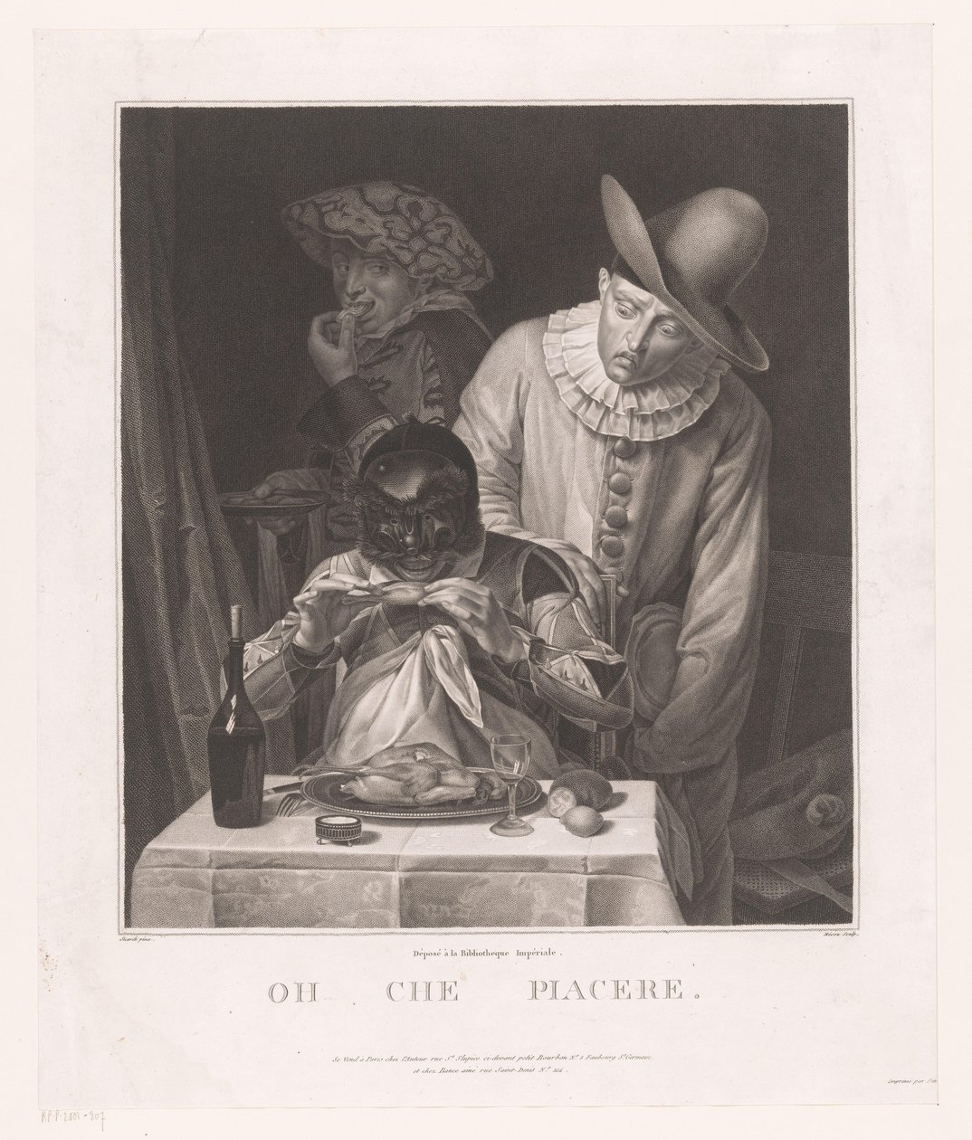 Homem mascarado com Pierrot e homem com chapéu Oh che piacere (título no objeto) de André Joseph Mécou