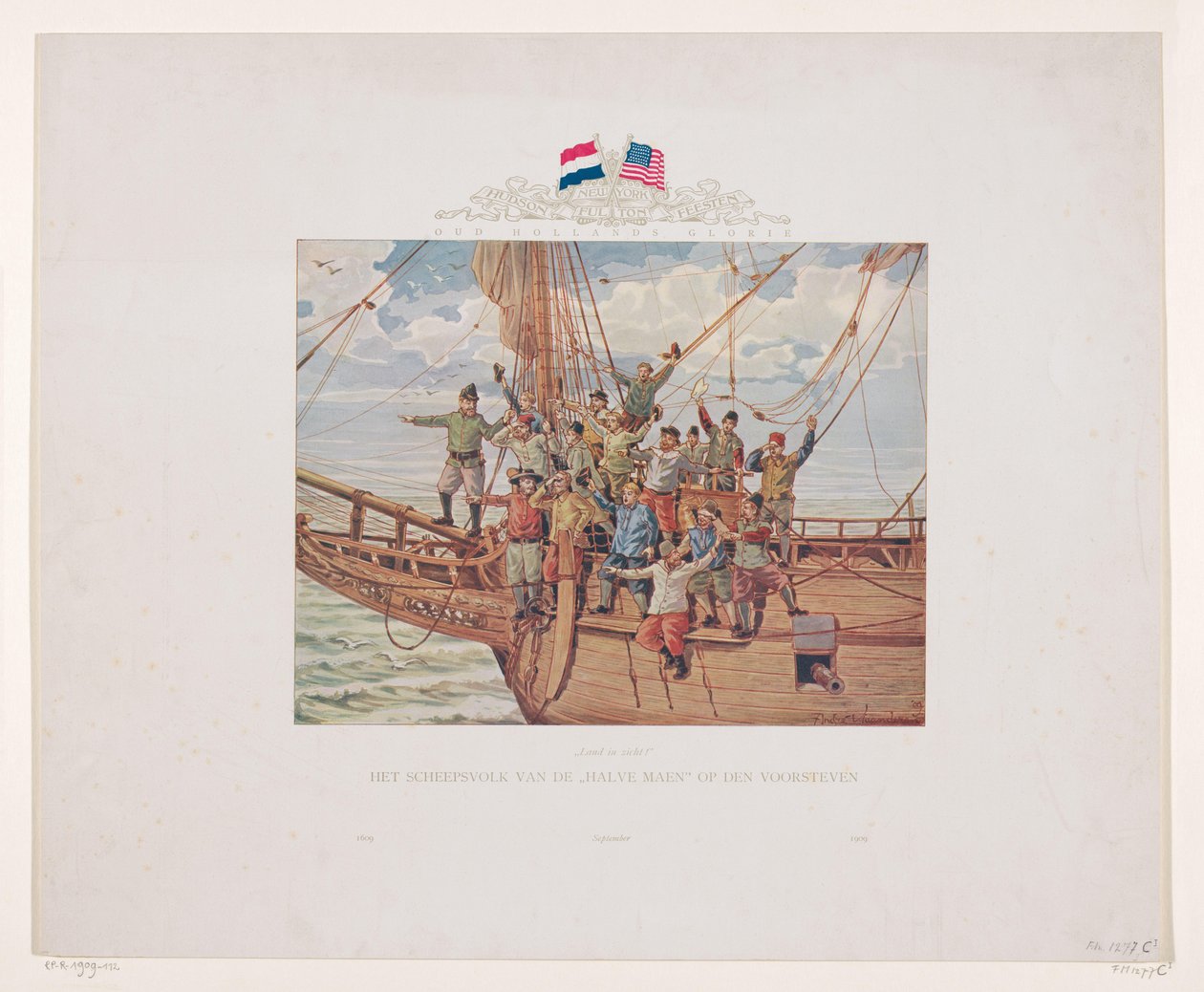 Navio de Henry Hudson, o Halve Maen, aproximando-se da costa norte-americana, 1609 Terreno à vista! As pessoas do navio do Halve Maen na proa (título no objeto) de André Vlaanderen