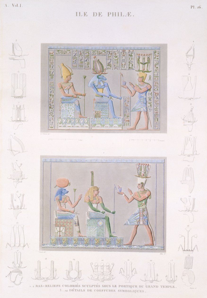 Base relevos coloridos esculpidos no pórtico do Grande Templo com detalhes dos símbolos, a Ilha de Philae, placa 16 do Vol I de &39;Descrições do Egito&39;, gravada por Allais, 1822 (aquatint) de Andre Dutertre