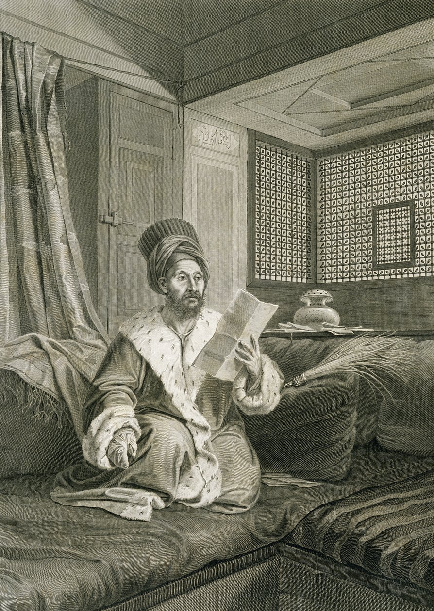 Disse Mustapha Pasha Ferido na Batalha de Aboukir, do Volume II Trajes e Retratos de "Descrição do Egito", gravada por Raphael Urbain Massard, pub. sob as ordens de Napoleão, 1822 de Andre Dutertre