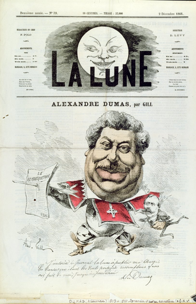 Caricatura de Alexandre Dumas pere (1803-70) como um mosqueteiro, da capa da revista &39;La Lune&39;, 2 de dezembro de 1866 de Andre Gill