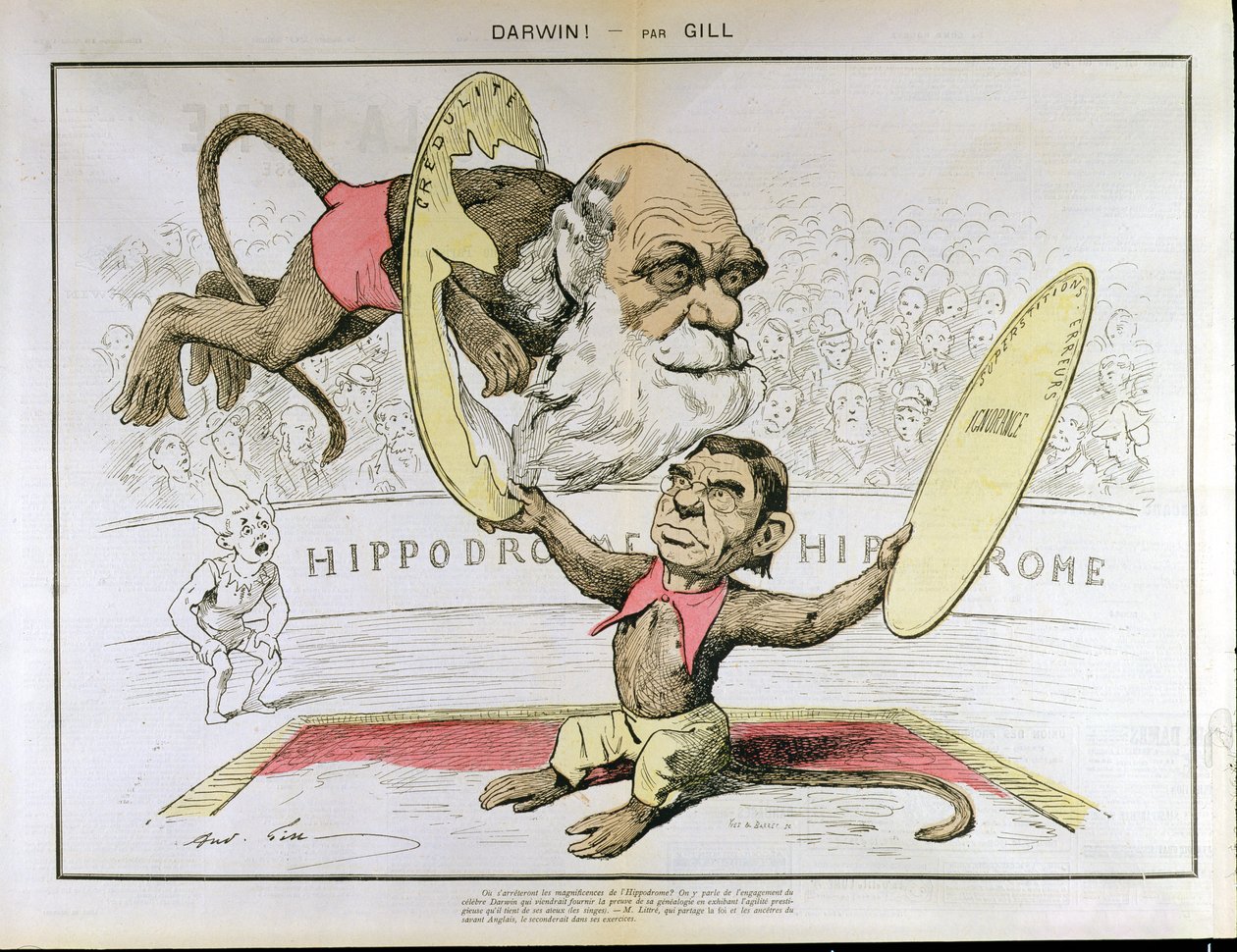 Caricatura de Charles Darwin (1809-1882) e Emile Littre (1801-1881), representando-os como macacos em um circo de Andre Gill