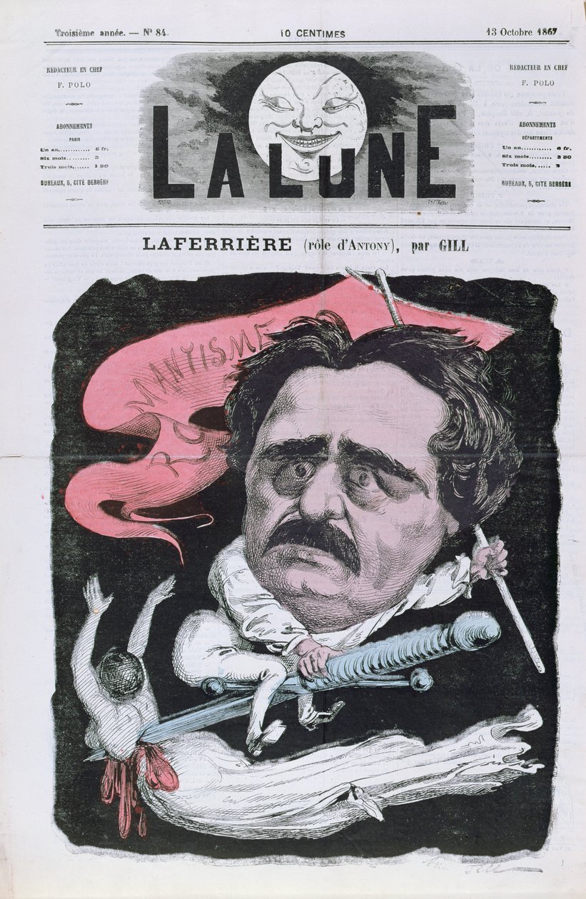 Caricatura do ator Laferriere no papel de Antony, da peça de mesmo nome de Alexandre Dumas pere (1803-70) da capa da revista &39;La Lune&39;, 13 de outubro de 1867 de Andre Gill