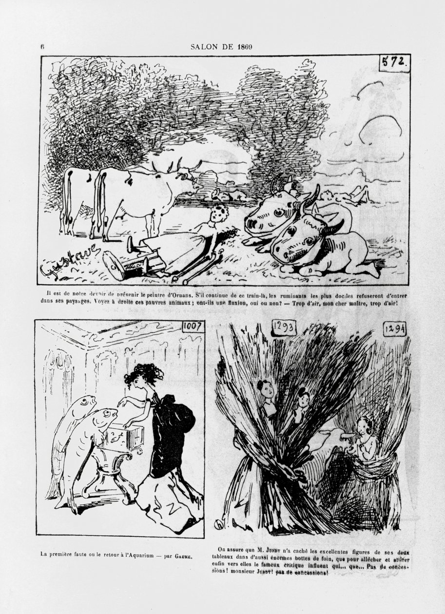 Caricaturas do trabalho dos artistas franceses, Courbet, Gaume e Jundt, da revista &39;La Parodie&39; no.1, 4 de junho de 1869 de Andre Gill