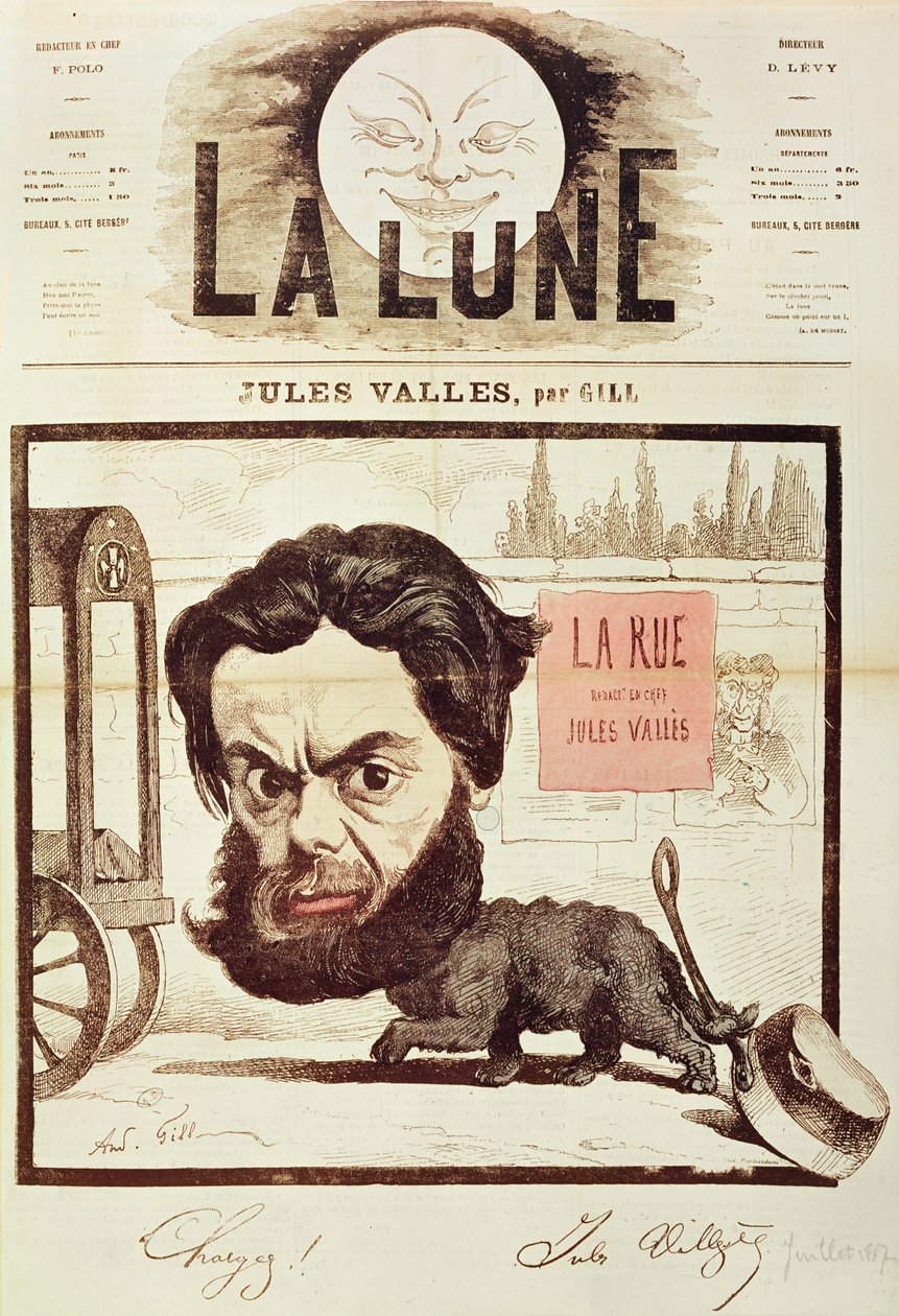 Primeira página de &39;La Lune&39;, com uma caricatura de Jules Valles e sua revista &39;La Rue&39;, Paris, julho de 1867 (litografia a cores) de Andre Gill