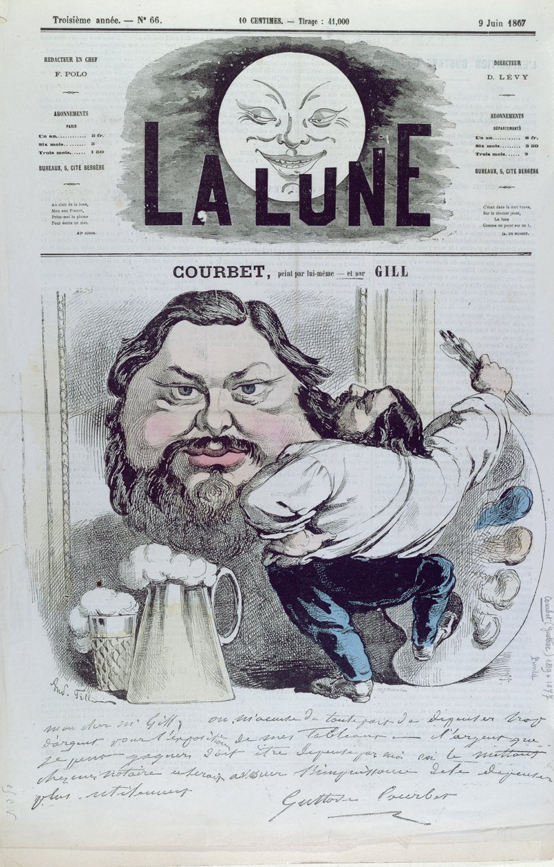 Gustave Courbet (1819-77) em frente ao seu auto-retrato, capa da revista &39;La Lune&39;, 9 de junho de 1867 de Andre Gill